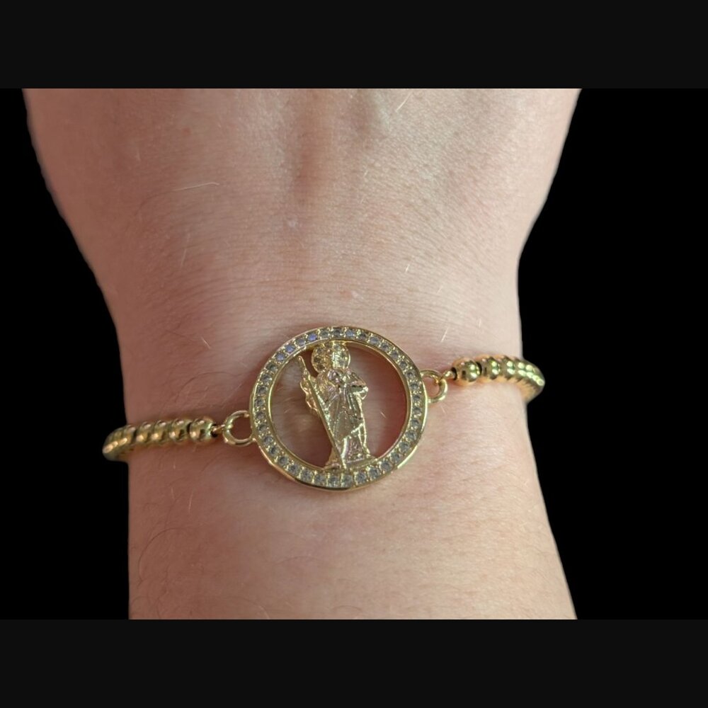 18k Gold Plated Virgin Mary CZ Open Pattern Adjustable Bracelet
